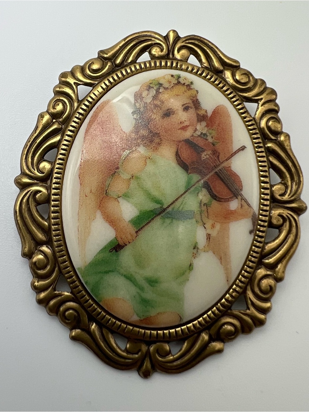 vintage victorian etherial style angel violin cameo brooch gold tone oval pin